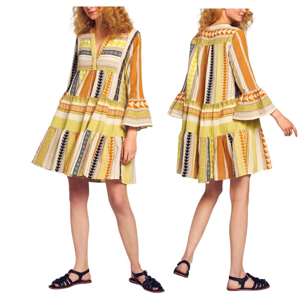 Devotion Twins, Ella Short Mini Embroidered Tunic Dress Multi Lime/Black, Medium